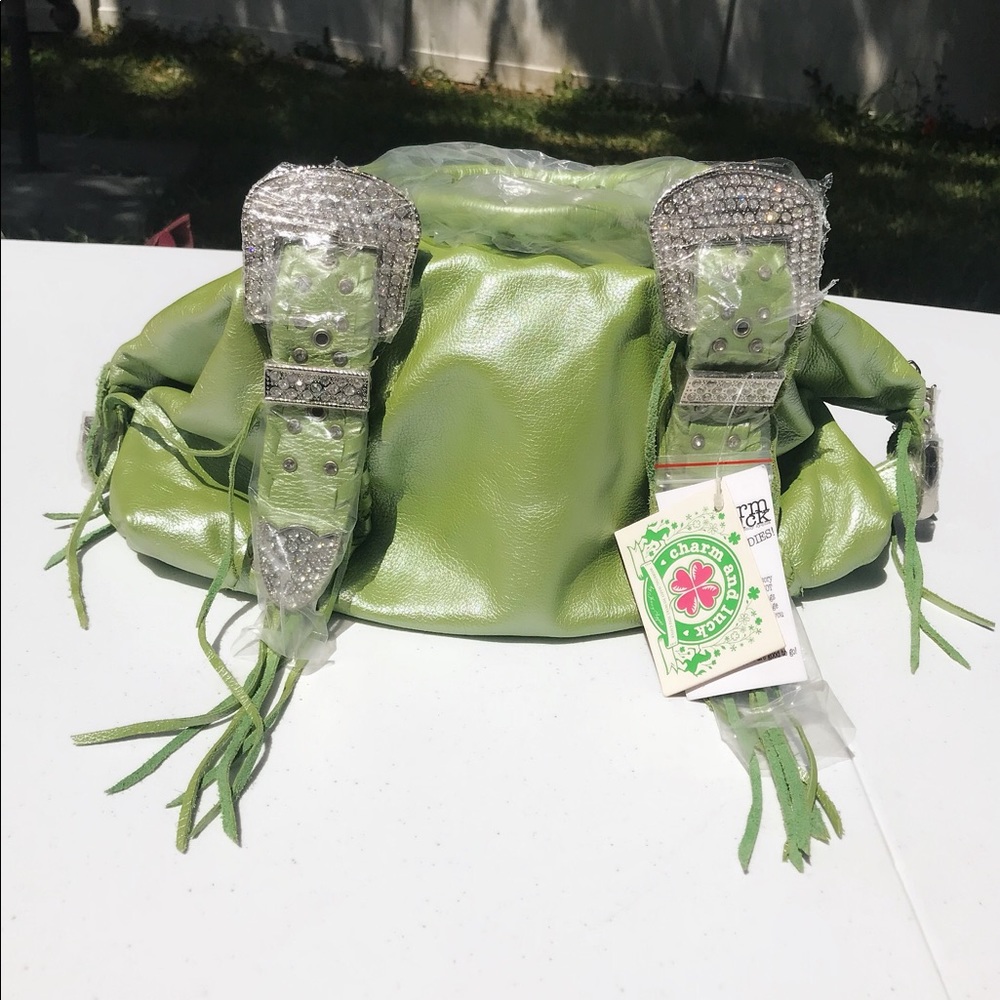 NEW CHARM & LUCK GREEN RHINESTONE PURSE W TASSELS